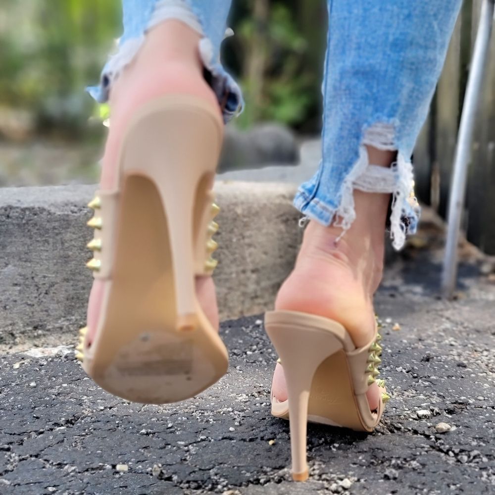 Taupe Stiletto Heel Sandals Double Band Gold Studs Pull-On Shoes - Picture 5 of 5